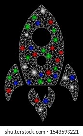 Bright mesh startup rocket with glare effect. White wire carcass polygonal mesh in vector format on a black background. Abstract 2d mesh designed with polygonal grid, dots, colored flare spots.