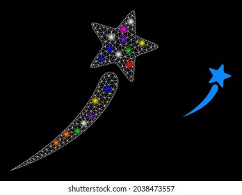 Bright mesh startup star glare icon with light spots. Illuminated vector model based on startup star icon. Sparkle carcass polygonal startup star on a black background.