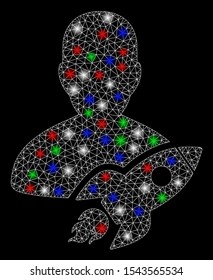 Bright mesh startuper with glare effect. White wire carcass polygonal mesh in vector format on a black background. Abstract 2d mesh designed with polygonal grid, small circle, colored glare spots.