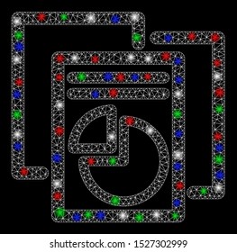Bright mesh statistics with glare effect. White wire carcass triangular mesh in vector format on a black background. Abstract 2d mesh designed with triangles, dots, colorful flash spots.