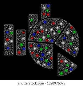 Bright mesh statistics with glare effect. White wire frame polygonal mesh in vector format on a black background. Abstract 2d mesh created from polygonal grid, dots, colored light spots.