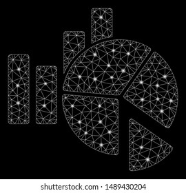 Bright mesh statistics with glitter effect. Abstract illuminated model of statistics icon. Shiny wire carcass triangular mesh statistics. Vector abstraction on a black background.