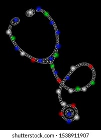 Bright mesh stethoscope with glare effect. White wire carcass triangular mesh in vector format on a black background. Abstract 2d mesh built from triangular lines, round dots, colored glare spots.