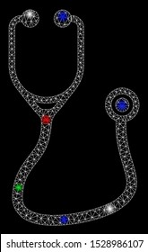 Bright mesh stethoscope with glow effect. White wire frame triangular network in vector format on a black background. Abstract 2d mesh designed with triangular lines, points, colorful flare spots.