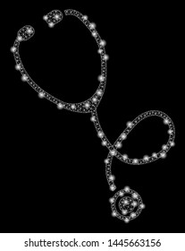 Bright mesh stethoscope with lightspot effect. Abstract illuminated model of stethoscope icon. Shiny wire carcass triangular mesh stethoscope. Vector abstraction on a black background.