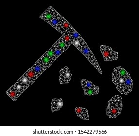 Bright mesh stone mining hammer with lightspot effect. White wire carcass triangular mesh in vector format on a black background. Abstract 2d mesh designed with polygonal grid, small circle,