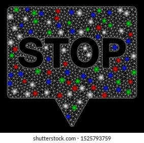 Bright mesh stop banner with glare effect. White wire frame triangular mesh in vector format on a black background. Abstract 2d mesh designed with triangular lines, spheric points,