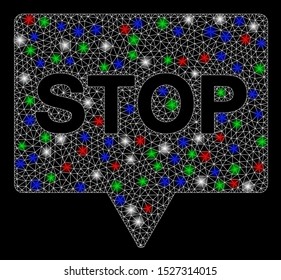 Bright mesh stop banner with glare effect. White wire frame triangular mesh in vector format on a black background. Abstract 2d mesh created from triangular lines, round dots, colorful glare spots.