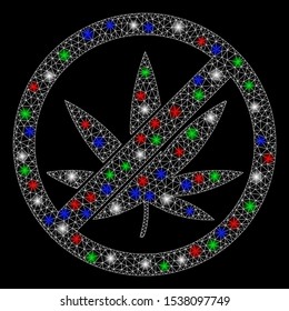 Bright mesh stop cannabis with glare effect. White wire frame triangular mesh in vector format on a black background. Abstract 2d mesh built from triangular lines, dots, colorful glare spots.