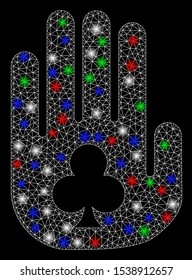 Bright mesh stop gambling hand with glare effect. White wire carcass triangular mesh in vector format on a black background. Abstract 2d mesh designed with triangles, spheric points,