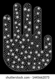 Bright mesh stop hand with lightspot effect. Abstract illuminated model of stop hand icon. Shiny wire carcass triangular mesh stop hand. Vector abstraction on a black background.