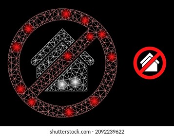 Bright mesh stop house web icon with bright spots. Illuminated constellation is generated from stop house vector icon. Constellation frame web polygonal stop house, on a black background.
