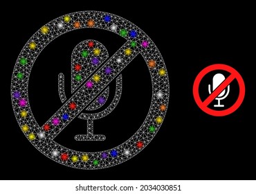 Bright mesh stop microphone constellation icon with light spots. Illuminated vector constellation is created from stop microphone icon. Sparkle carcass mesh stop microphone on a black background.