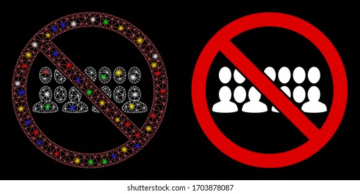 Bright mesh stop people group with sparkle effect. Abstract illuminated model of stop people group icon. White wire carcass polygonal mesh stop people group and base icon.