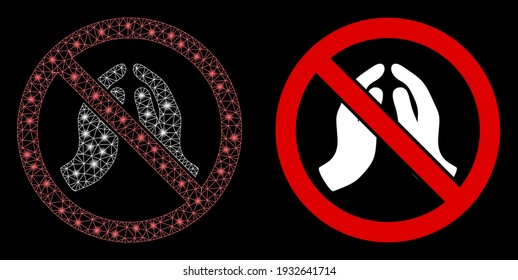 Helle Maschen stoppen das Beten der Hände mit leichtem Effekt. Abstraktes, beleuchtetes Modell, das auf dem Ende des Gebet Hände Symbol basiert. Shiny-Draht Karkasse polygonale Maschen stoppen das Beten der Hände.