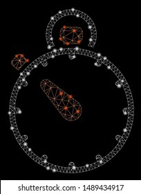 Bright mesh stopwatch with lightspot effect. Abstract illuminated model of stopwatch icon. Shiny wire carcass triangular mesh stopwatch. Vector abstraction on a black background.