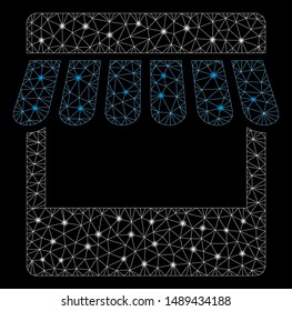 Bright mesh store with glare effect. Abstract illuminated model of store icon. Shiny wire frame triangular mesh store. Vector abstraction on a black background.