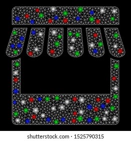 Bright mesh store with glare effect. White wire frame triangular mesh in vector format on a black background. Abstract 2d mesh designed with triangular lines, points, colored flash spots.