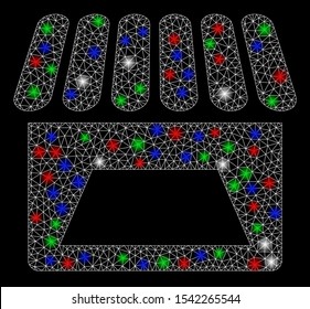 Bright mesh store with glow effect. White wire carcass triangular mesh in vector format on a black background. Abstract 2d mesh designed with triangular lines, round dots, colorful flare spots.