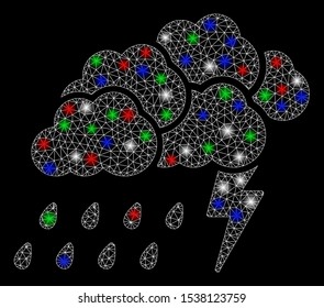 Bright mesh storm with glow effect. White wire frame polygonal mesh in vector format on a black background. Abstract 2d mesh designed with polygonal grid, dots, colorful flare spots.