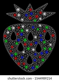 Bright mesh strawberry with lightspot effect. White wire carcass polygonal network in vector format on a black background. Abstract 2d mesh designed with polygonal grid, points, colored light spots.