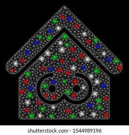 Bright mesh strip bar with glare effect. White wire frame polygonal mesh in vector format on a black background. Abstract 2d mesh built from triangles, dots, colorful glare spots.