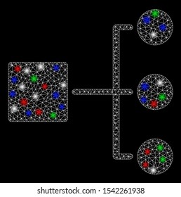 Bright mesh structure diagram with glare effect. White wire frame triangular mesh in vector format on a black background. Abstract 2d mesh designed with triangular lines, spheric points,