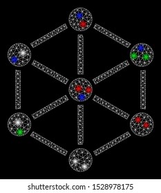 Bright mesh structure with glow effect. White wire frame triangular mesh in vector format on a black background. Abstract 2d mesh designed with triangular lines, dots, colorful light spots.