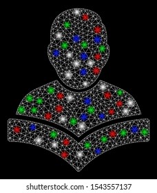 Bright mesh student with glow effect. White wire frame triangular network in vector format on a black background. Abstract 2d mesh designed with triangular lines, round dots, colored glare spots.