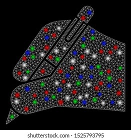 Bright mesh subscribe hand with glare effect. White wire carcass polygonal mesh in vector format on a black background. Abstract 2d mesh built from triangular lines, small circle, colored glare spots.
