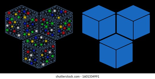 Bright mesh sugar cubes icon with glitter effect. Abstract illuminated model of sugar cubes. Shiny wire carcass triangular mesh sugar cubes icon. Vector abstraction on a black background.