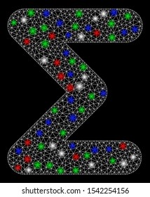 Bright mesh sum with glare effect. White wire frame triangular mesh in vector format on a black background. Abstract 2d mesh created from triangular lines, small circle, colored light spots.