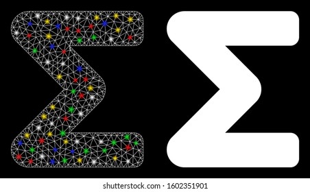 Bright mesh sum icon with glow effect. Abstract illuminated model of sum. Shiny wire frame triangular mesh sum icon. Vector abstraction on a black background. Abstract 2d mesh designed with triangles,