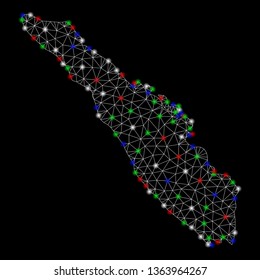 Bright mesh Sumatra Island map with lightspot effect. Wire frame triangular network in vector format on a black background. Abstract 2d mesh designed with triangular lines, dots, colorful flash spots.