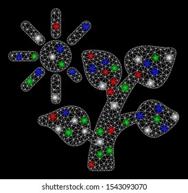 Bright mesh summer tree with glare effect. White wire frame triangular mesh in vector format on a black background. Abstract 2d mesh designed with triangular lines, spheric points,