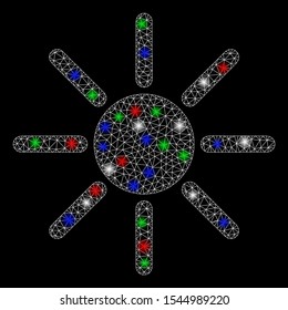 Bright mesh sun with lightspot effect. White wire frame polygonal mesh in vector format on a black background. Abstract 2d mesh created from polygonal grid, spheric points, colored flare spots.