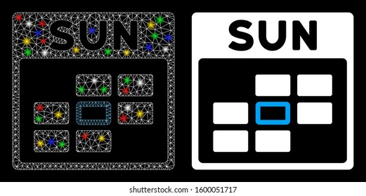 Bright mesh Sunday calendar grid icon with lightspot effect. Abstract illuminated model of Sunday calendar grid. Shiny wire frame polygonal mesh Sunday calendar grid icon.