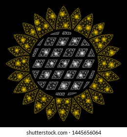 Bright mesh sunflower flower with glare effect. Abstract illuminated model of sunflower flower icon. Shiny wire frame polygonal mesh sunflower flower. Vector abstraction on a black background.