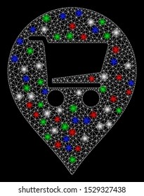 Bright mesh supermarket map marker with glare effect. White wire carcass triangular mesh in vector format on a black background. Abstract 2d mesh designed with triangular lines, points,