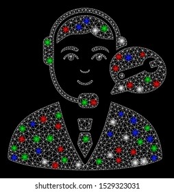 Bright mesh support center manager with glare effect. White wire carcass triangular mesh in vector format on a black background. Abstract 2d mesh created from triangular lines, dots,