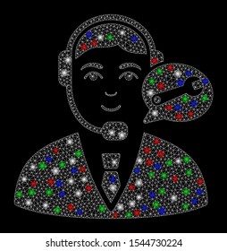 Bright mesh support center manager with glare effect. White wire frame triangular mesh in vector format on a black background. Abstract 2d mesh built from triangular lines, points,