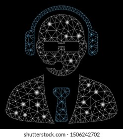Bright mesh support manager with glare effect. Abstract illuminated model of support manager icon. Shiny wire carcass polygonal mesh support manager. Vector abstraction on a black background.