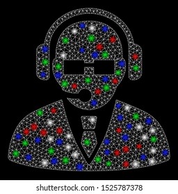 Bright mesh support manager with glare effect. White wire carcass triangular network in vector format on a black background. Abstract 2d mesh designed with triangular lines, points,