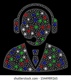 Bright mesh support manager with glow effect. White wire frame triangular mesh in vector format on a black background. Abstract 2d mesh designed with polygonal grid, dots, colored glare spots.