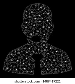 Bright mesh support operator with glare effect. Abstract illuminated model of support operator icon. Shiny wire frame polygonal mesh support operator. Vector abstraction on a black background.