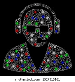 Bright mesh support operator with glare effect. White wire frame polygonal mesh in vector format on a black background. Abstract 2d mesh designed with polygonal grid, small circle,