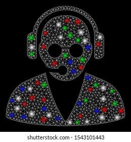 Bright mesh support operator with glow effect. White wire frame triangular network in vector format on a black background. Abstract 2d mesh designed with triangles, dots, colored flare spots.