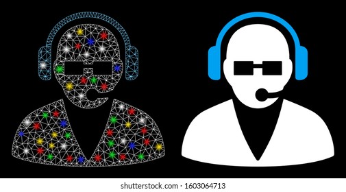 Bright mesh support operator icon with glare effect. Abstract illuminated model of support operator. Shiny wire carcass triangular mesh support operator icon. Vector abstraction on a black background.