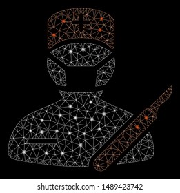 Bright mesh surgeon with glare effect. Abstract illuminated model of surgeon icon. Shiny wire frame triangular mesh surgeon. Vector abstraction on a black background.