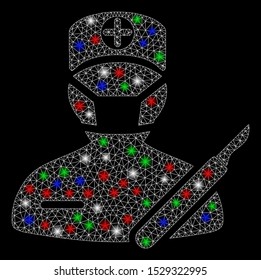 Bright mesh surgeon with lightspot effect. White wire carcass polygonal mesh in vector format on a black background. Abstract 2d mesh built from polygonal grid, points, colorful flare spots.